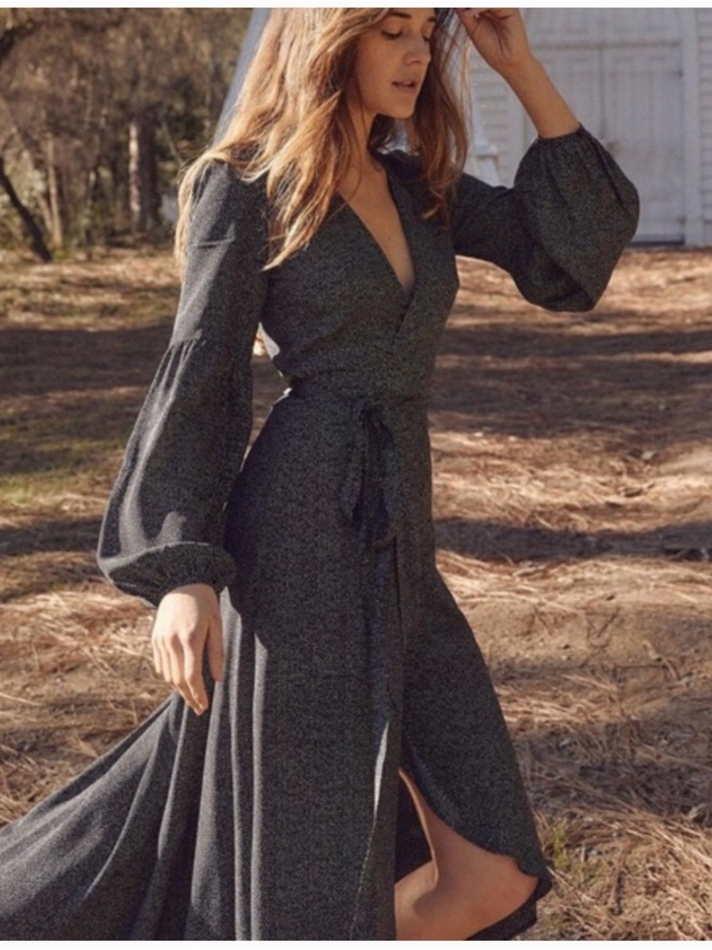 Christy Dawn Dark Heather Gray Long Sleeve Wrap Maxi Dress